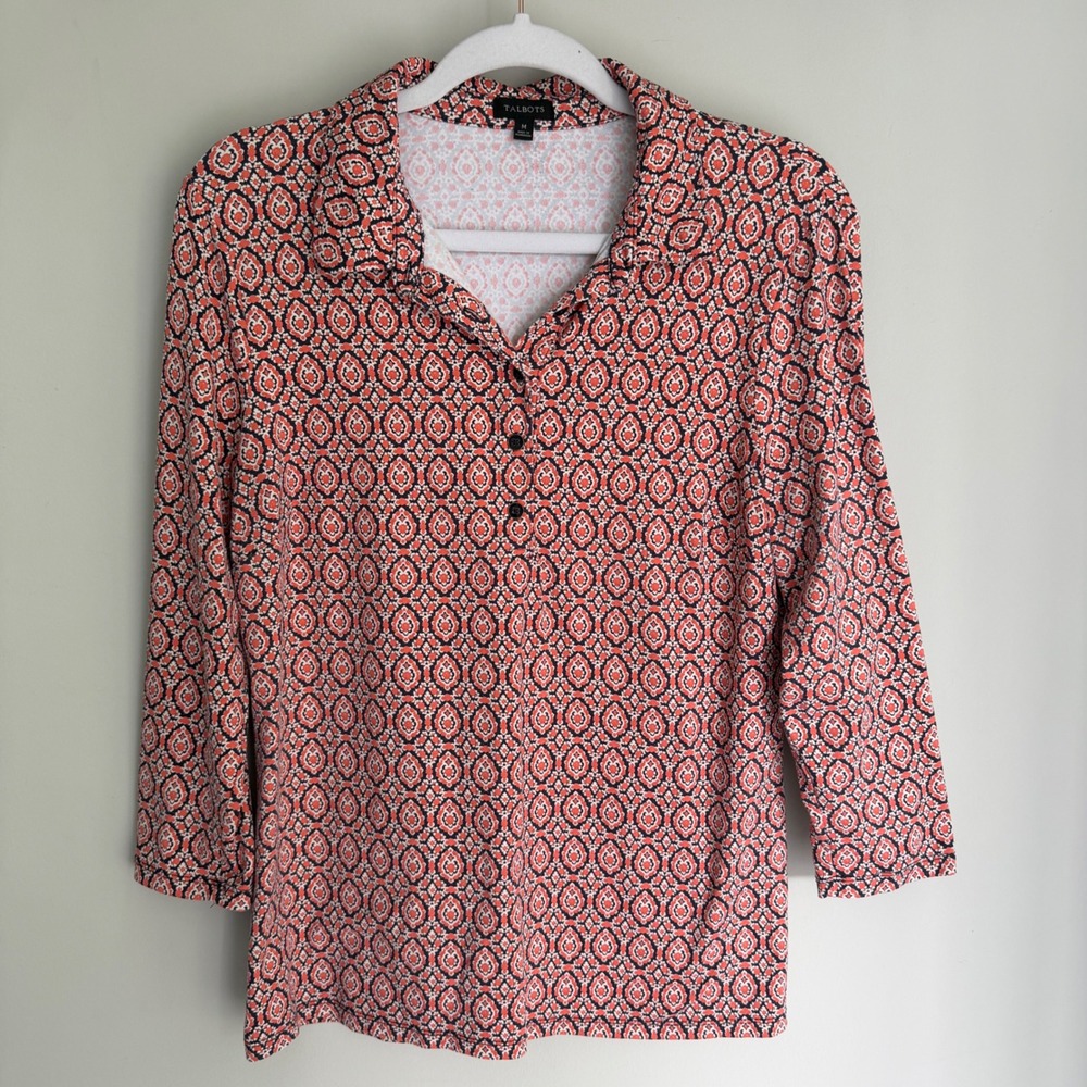 Talbots Floral Geometric Print Top Red Buttons Collar Jersey Knit Stretch Medium